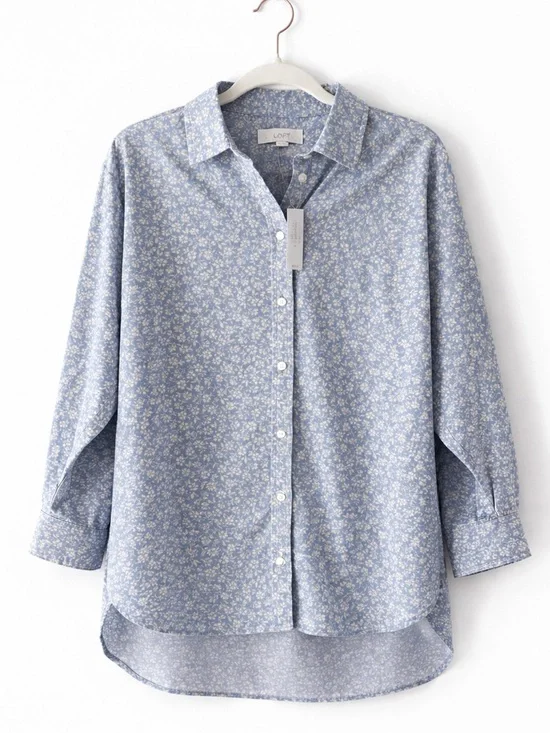 LOFT Blue Floral Corduroy Button Down Shirt NWT Size Medium Cottagecore - Picture 2 of 3